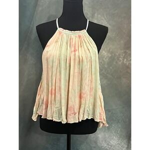 Free People Peach Mint Green Abstract Lace Up Side Halter Tank Top Small